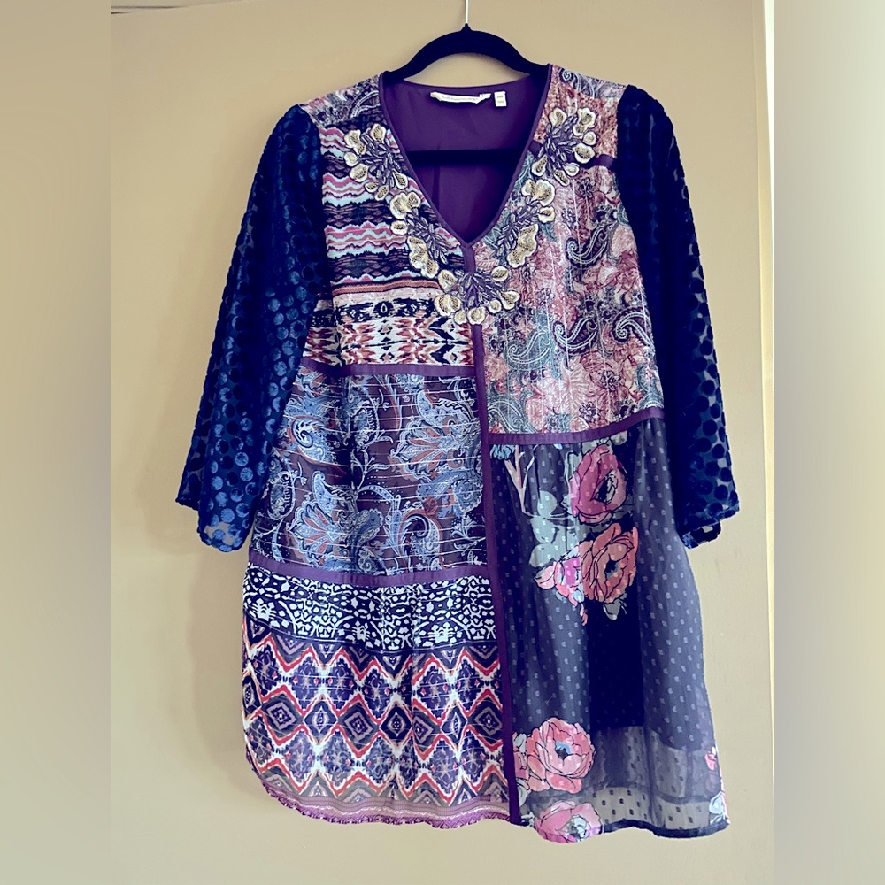 Soft Surroundings Blue and Purple Tunic with V-Neck and Bishop Sleeves